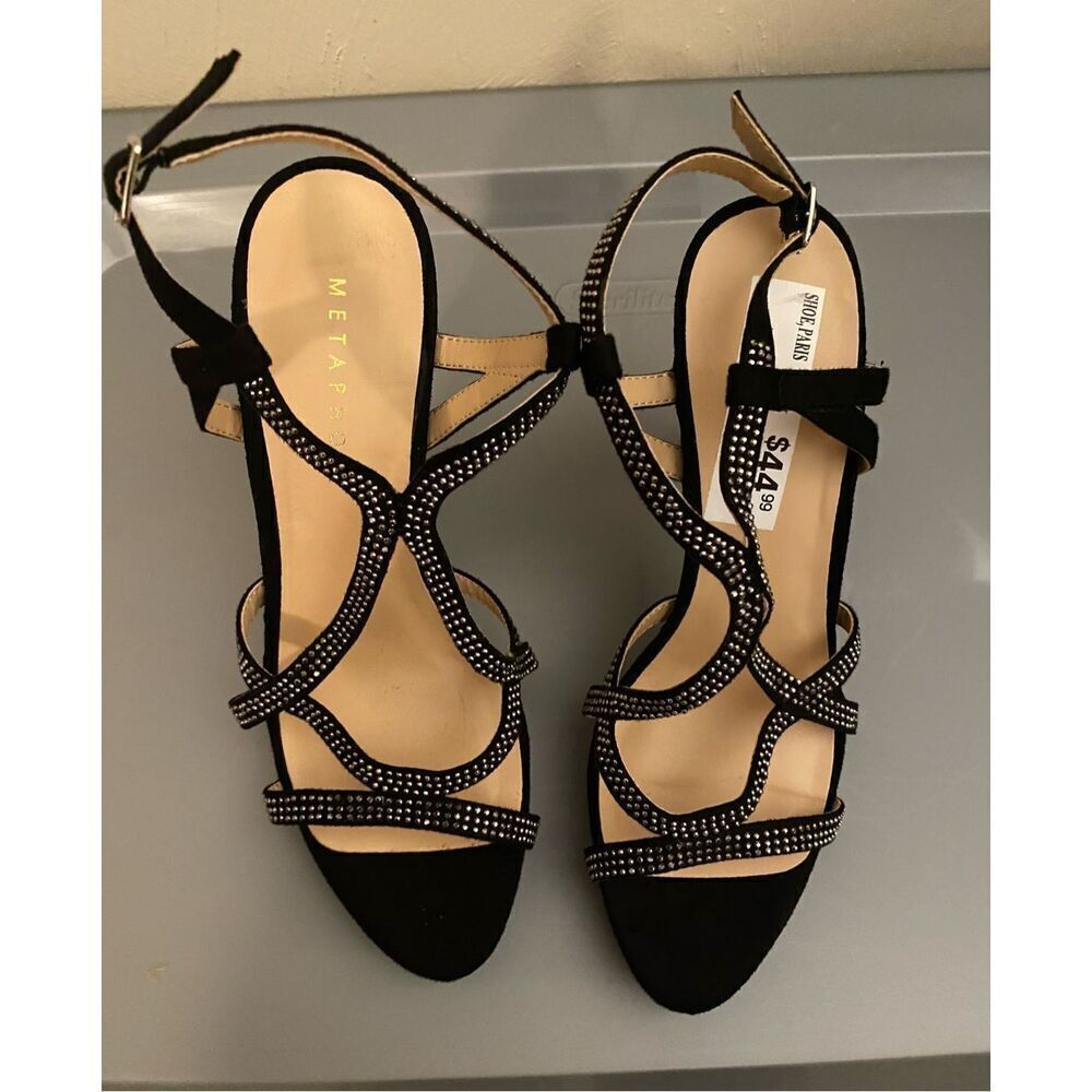 Metaphor Black Strappy Shoes 38671 Paris Studded Bling NWOB Heels Faux Suede - Picture 2 of 8